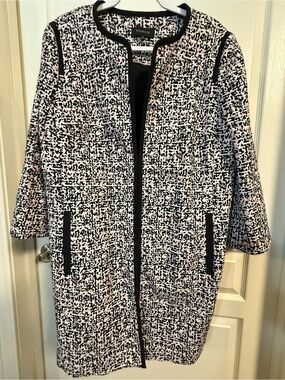 Talbots Black and White Textured Open-Front Blazer Coat Longline